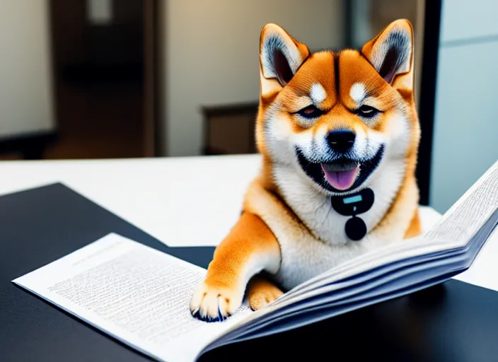 Prompt: photo of a real shiba inu dog wearing a suit and reading glasses, reading a document at a desk in his office. Highly detailed 8k. Intricate. Sony a7r iv 55mm. Award winning.