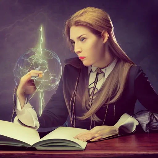 Image similar to an attractive wizard female sitting at a desk pondering her orb