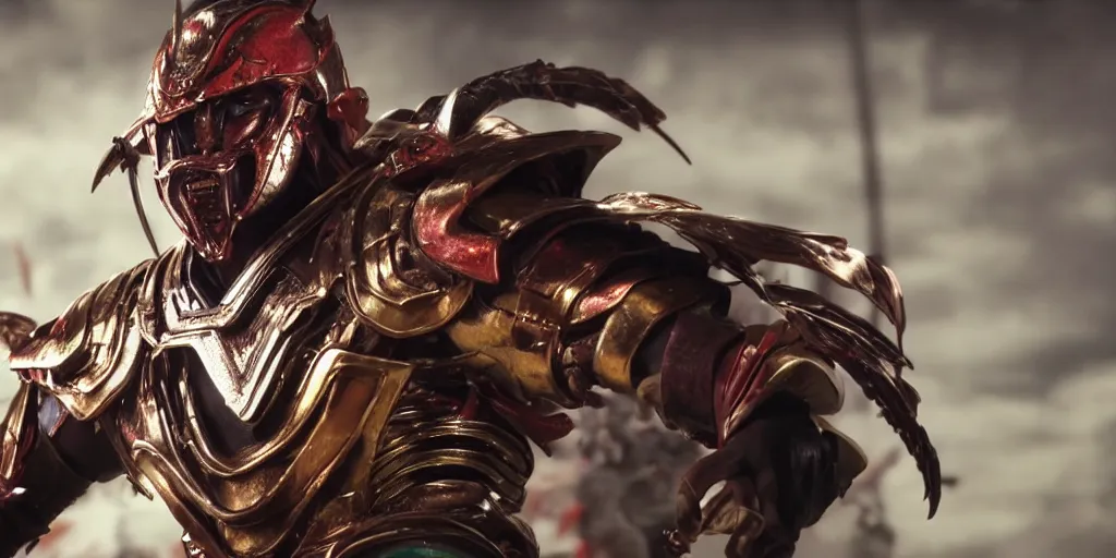 Prompt: a film still of a black man starring in a japanese blockbuster film as yoshimitsu from tekken, shallow depth of field, cinematic, award winning cgi, vfx, film still