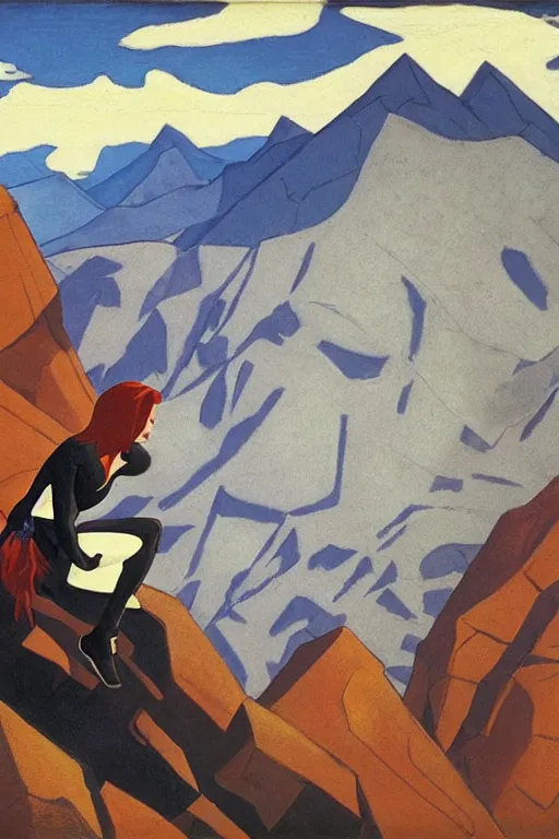 Image similar to black widow ( natasha romanova ) on mountains, marvel, artwork by nicholas roerich,