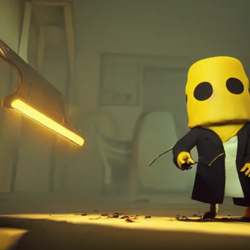 Image similar to quentin tarantino as an enemy in the video game little nightmares, unity render