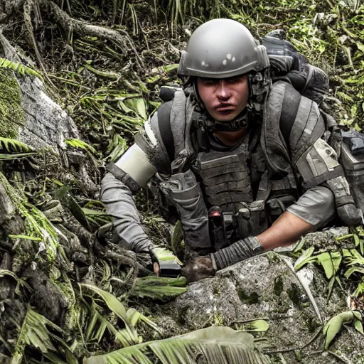 Prompt: Wounded Mercenary Special Forces soldier in light grey uniform with black armored vest and helmet crawling to cover in the jungles of Tanoa, combat photography by Feng Zhu, highly detailed, excellent composition, cinematic concept art, dramatic lighting, trending on ArtStation