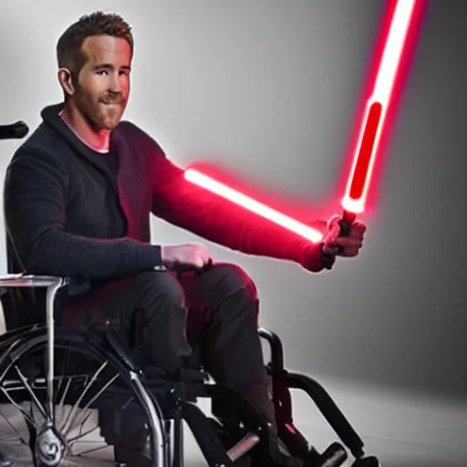 Image similar to ryan reynolds in a wheelchair holding a red lightsaber, good lighting,