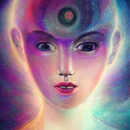 Image similar to beautiful detailed artistic portrait of a person travelling between different astral planes. reality is more than you think. grainy and rough. fine detail. soft colour scheme. artistic painting by lurid ( 2 0 2 2 ). featured on deviantart.