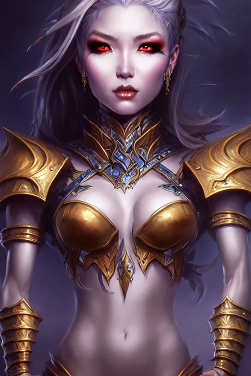 Prompt: sakimi chan, fantasy armor, detailed face, tony sart, mark arian