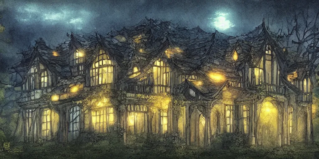 Prompt: manor in the middle of the forest, at night, light flowing through the windows, manga, fantasy