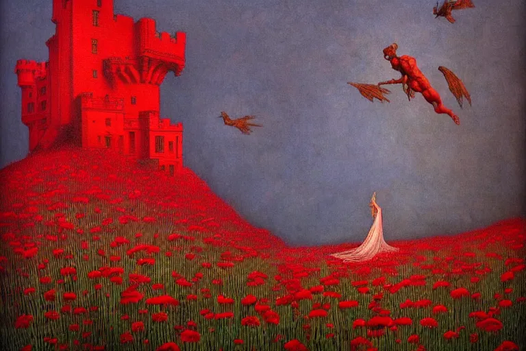 Image similar to only with red, red flowers of different types, a red tiger, a castle in the background, medieval demons dance over the flowers, an ancient path, in the style of beksinski, part by hopper, part by rodcenko, part by hofbauer, intricate composition, red by caravaggio, insanely quality, highly detailed, masterpiece, red light, artstation