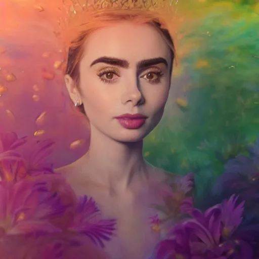 Image similar to portrait of a beautiful blonde queen girl lily collins, floating under the deep dream water, beautiful smooth soft light + white petal, oil paint, closeup, 4 k, highly detailed, instagram,