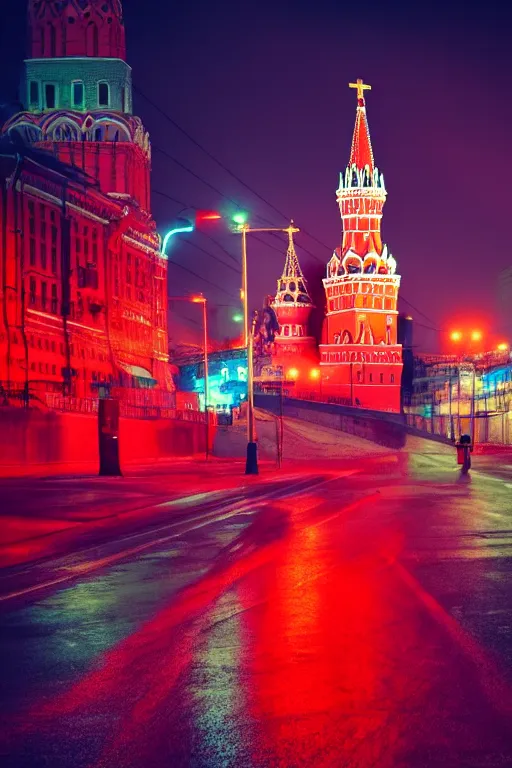 Image similar to neon streets of moscow with red square, 4 k, award winning photo, cyberpunk style