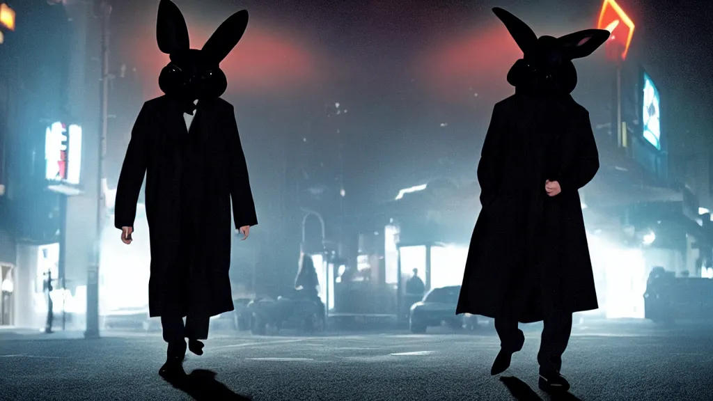 Image similar to a man in a trench coat wearing a black rabbit mask in front of a night club, film still from the movie directed by Denis Villeneuve with art direction by Salvador Dalí, wide lens