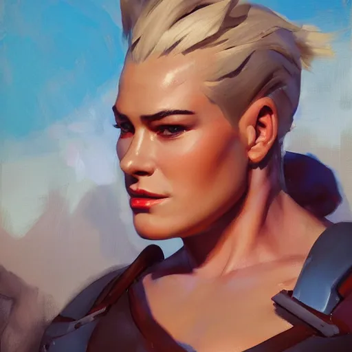 Image similar to greg manchess portrait painting zarya from overwatch, medium shot, asymmetrical, profile picture, organic painting, sunny day, matte painting, bold shapes, hard edges, street art, trending on artstation, by huang guangjian and gil elvgren and sachin teng