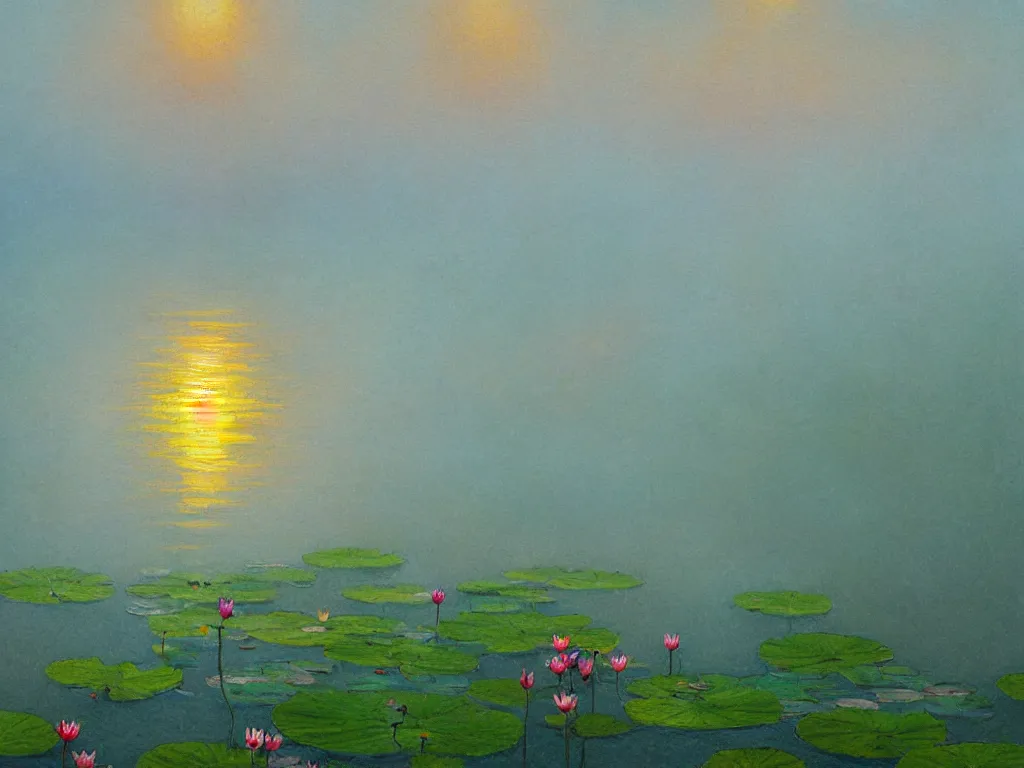 Prompt: impressionism painting of a pond of lotus on a foggy morning, sun low on horizon through skyscrapers, soft light, misty, hyper detailed