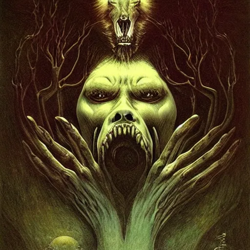 Prompt: an amazing masterpiece of art by gerald brom, Zdzisław Beksiński, werewolf