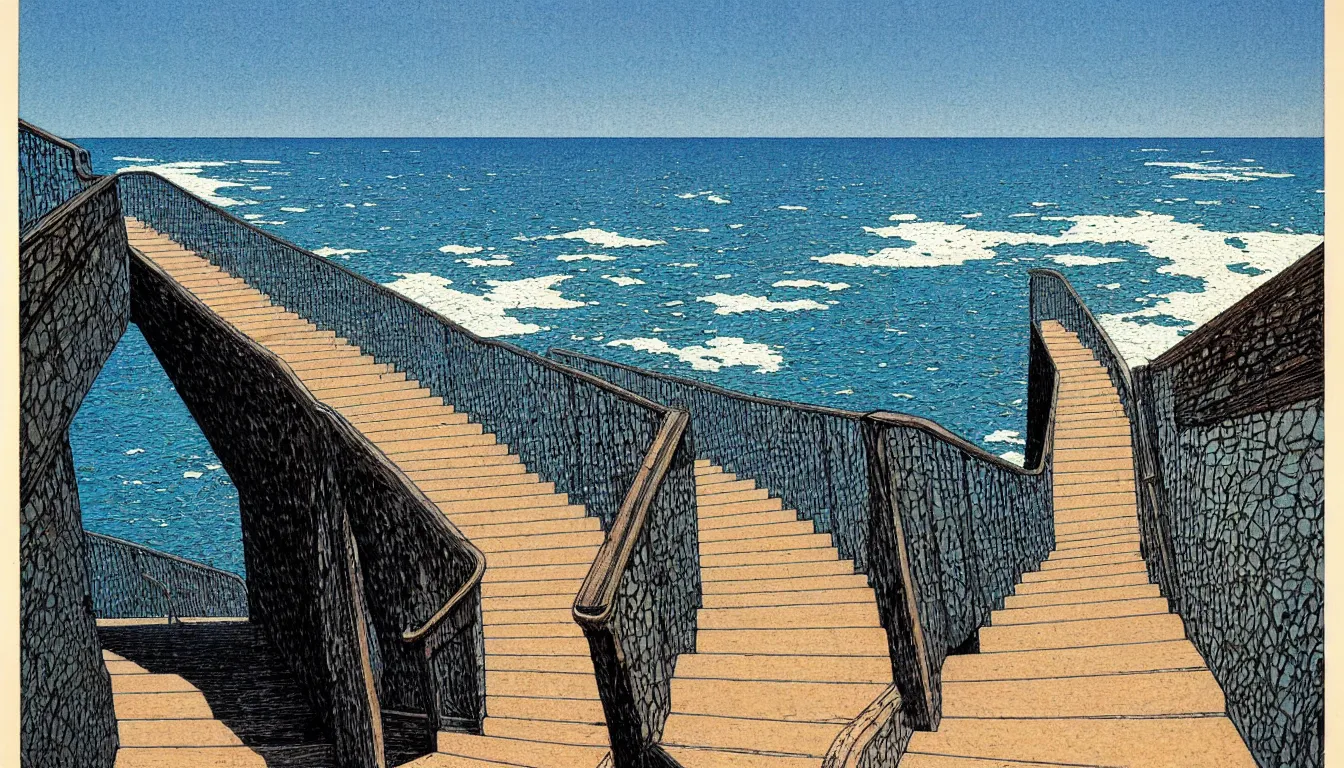 Prompt: walking down the stairs to the ocean, moebius