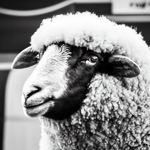 Image similar to award winning photo of a sheep at the barber shop bokeh f1.4 50mm