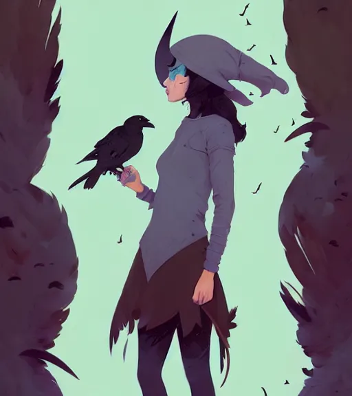 Image similar to portrait of beautiful witch, ravens, feathers, by atey ghailan, by greg rutkowski, by greg tocchini, by james gilleard, by joe fenton, by kaethe butcher, dynamic lighting, gradient light blue, brown, blonde cream and white color scheme, grunge aesthetic