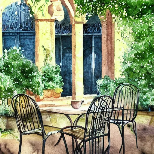 Prompt: delicate, tiger, chairs, garden, paved, botanic watercolors, iridescent, 8 k, realistic shaded, fine details, artstation, italian, iron gate, tree, mediterranean, marvelous