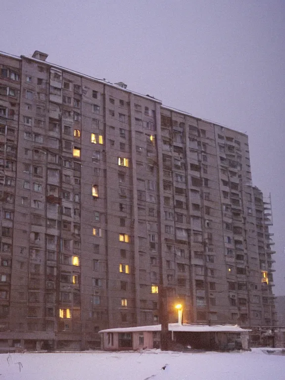 Prompt: film still of low soviet residential building in russian suburbs, lights are on in the windows, deep night, post - soviet courtyard, cozy atmosphere, winter, heavy snowб light fog, street lamps with orange light, several birches nearby, several elderly people stand at the entrance to the building