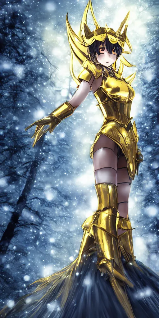 Image similar to full shot focus of beautiful darkness knight 3D anime girl, golden armor wearing, dark forest background, snowing, bokeh, inspired by Masami Kurumada, digital painting, high contrast, unreal engine render, volumetric lighting, high détail