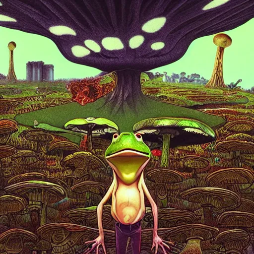 Image similar to A centered chest up portrait of a psychedelic godlike anthropomorphic frog smoking a hand-rolled cigarette , magic mushroom village in background . award winning. superb resolution. in the art style of junji Ito and greg rutkowski . Detailed Mushroom city in background. Hyper realistic anime. Perfect art. Dalle2