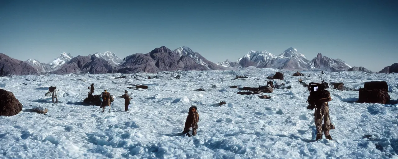 Image similar to the frozen tundra on an alien planet, mountains in the background, carbon based life forms playing, national geographic, canon 5 0 mm, cinematic lighting, photography, retro, film, kodachrome