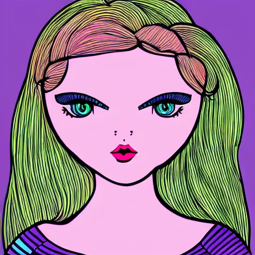 Prompt: Drawing of a mermaid with green eyes, nice round face, mermaid body, with childish style, highly detailed, vector digital painting svg