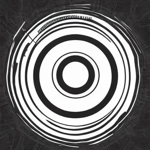 Image similar to a perfect circle, around the outer edge of the circle is the silhouette of a city skyline, inside the circle is empty, black and white, minimalist, in the style of a line drawing