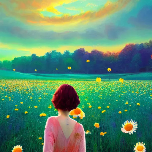 Image similar to full body daisy flower head, girl standing in a flower field, head hidden behind huge daisy flower, surreal photography, sunrise, dramatic light, impressionist painting, colorful clouds, digital painting, artstation, simon stalenhag