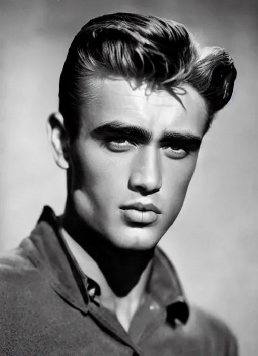 Image similar to genetic combination of james dean, elvis presley, sean connery, and boris karloff. gaunt, handsome, beautiful, striking, chiseled. prominent cheekbones, deep dimples, strong jaw.