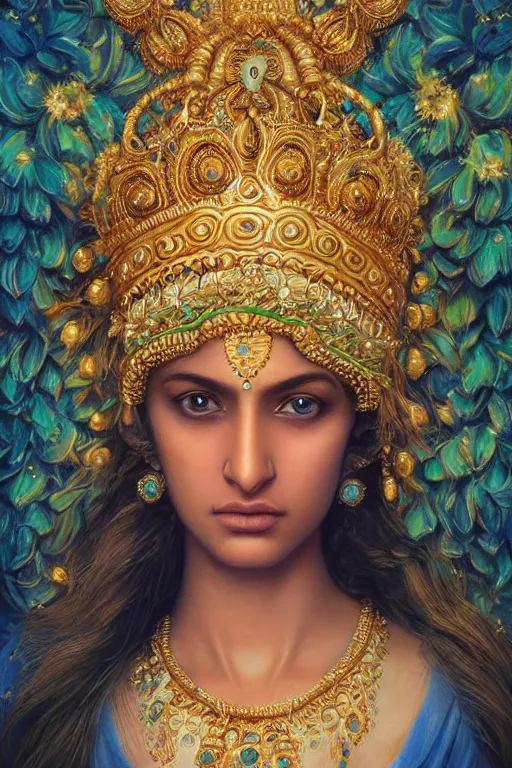 Prompt: a pale Indian girl with golden hair, floral crown, sad blue eyes, cinematic lighting, ultra detailed, highly detailed, sharp focus, golden background with flowers, golden jewellery with blue sapphires, photographic, art by artgerm and greg rutkowski and zdislav beksinski