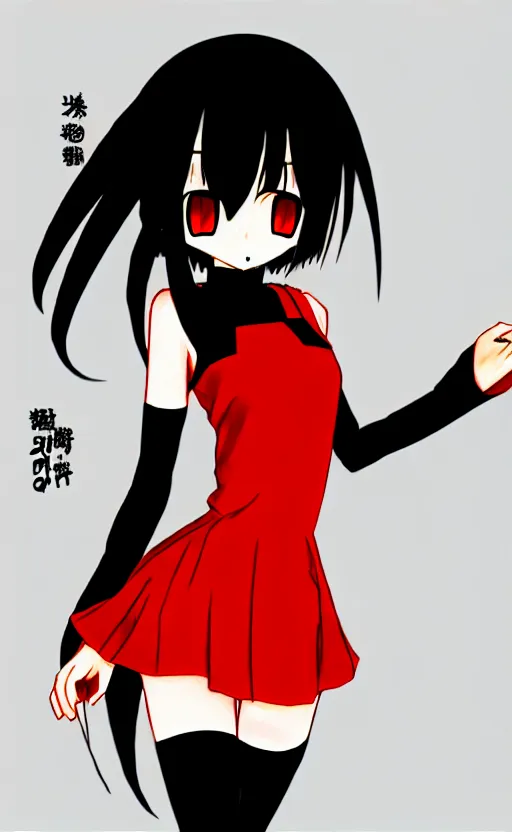 Image similar to anime girl with a detailed face and black hair in a red outfit under an empty space, full body, trending, illustration, by hiroyuki imaishi
