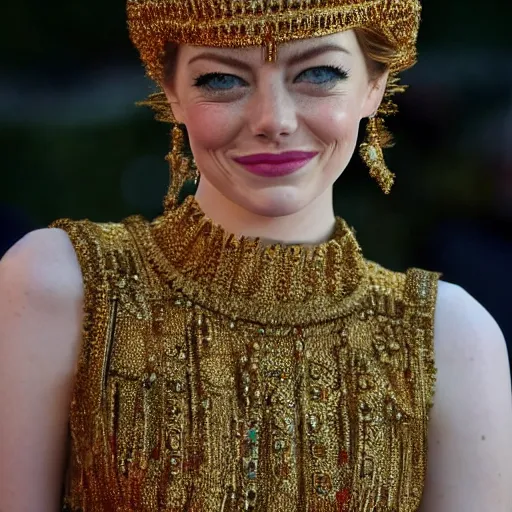 Image similar to A full body shot of Emma Stone wearing a golden Arabian crown , royality, high quality, fully detailed, 4k