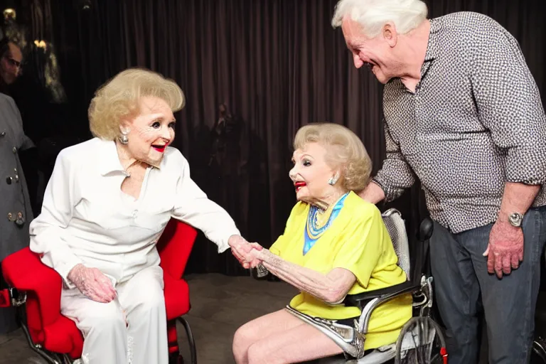 Prompt: betty white shaking hands with a 6 0 0 pound dwarf in the bathroom