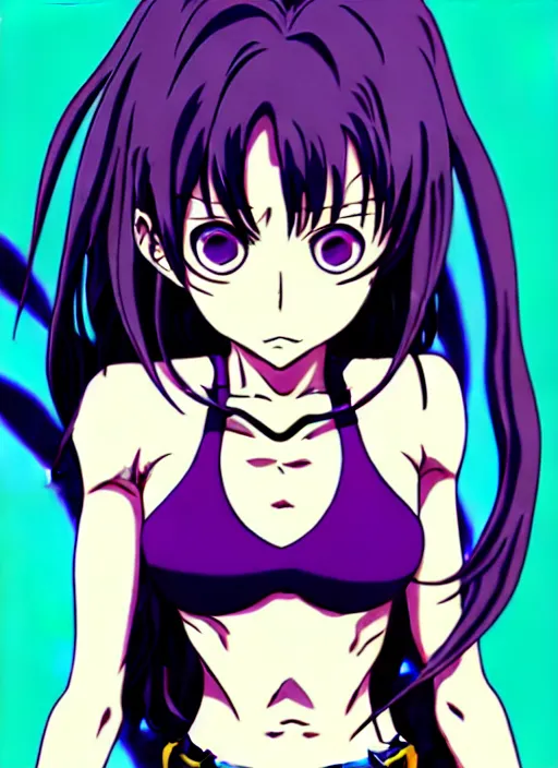 Image similar to style of madhouse studio anime, black lagoon manga, loish, artgerm, rafael albuquerque comic art, portrait of revy from black lagoon, symmetrical eyes and symmetrical face, jean shorts, white tank top, purple hair, sarcastic evil smirk on face, sky and ocean background