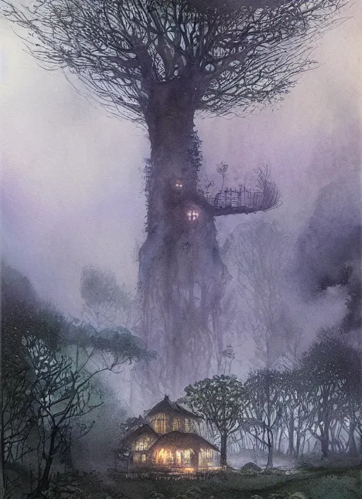 Prompt: treehouse city in the forest with fairy lights, light ground fog, river, detailed fantasy watercolor comic style, subtle colors, by alan lee and john howe