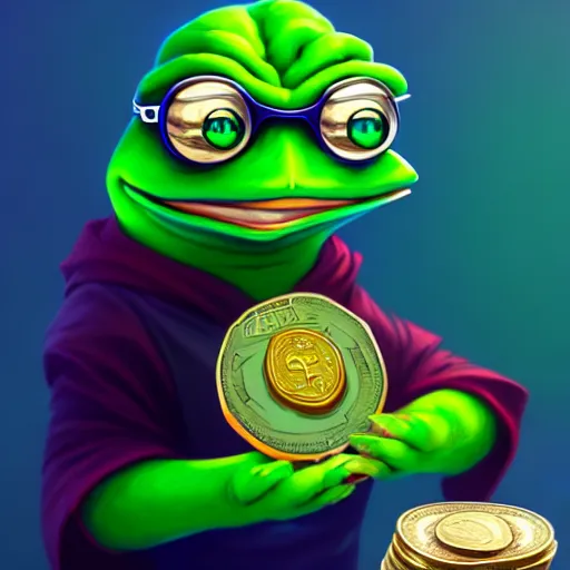 Image similar to super rich happy pepe, luxury, treasury, coins, money, hyper detalied, blue crystals, greg rutkowski, artstation