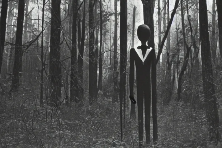 Prompt: 1975 photo of slenderman in the forest, night, detailed