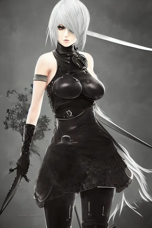 Prompt: nier automata warrior with swords, goth ninja, pretty face, ultra detailed, digital art, 8k ,character ,realistic, portrait, hyperrealistic