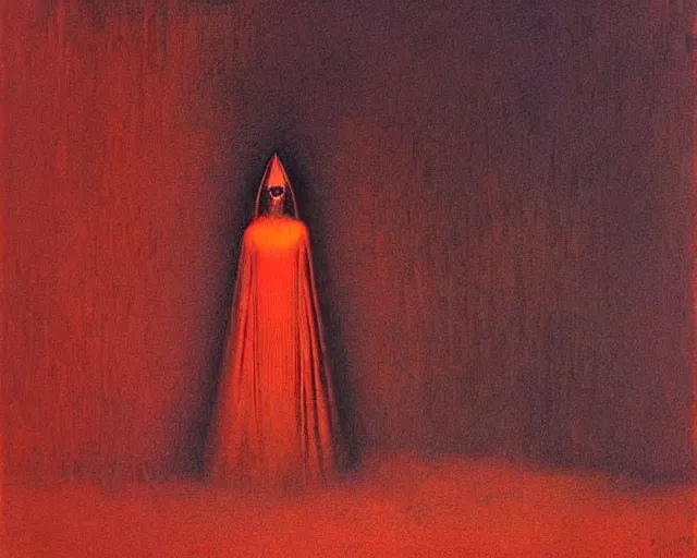 Image similar to by francis bacon, beksinski, mystical redscale photography evocative. devotion to the scarlet woman, priestess in a conical hat, vision quest, insight