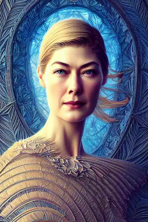 Image similar to young rosamund pike portrait, art deco, fantasy, intricate art deco leaf designs, elegant, highly detailed fractals, sharp focus, art by artgerm and beeple and greg rutkowski and wlop