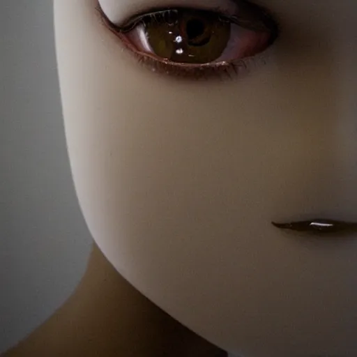Image similar to A lightly-tanned!!!!! mannequin-esque figure with white-glowing!!!!! eyes, in a dark!!!!! room, staring!!!!! into the camera, creepy atmosphere, eerie art style, photorealistic!!!!! facial features, close-up!!!!!, macro image!!!!!, trending on artstation, 4k, 8k