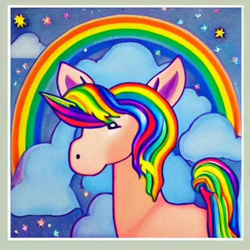 Prompt: a perfectly symmetrical unicorn under a rainbow with stars in the sky