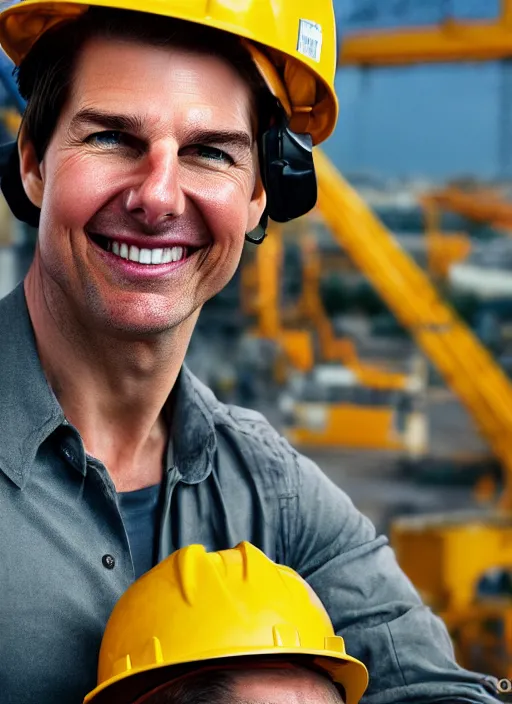 Image similar to closeup portrait of cheerful tom cruise as a crane operator, yellow hardhat, sitting in a crane, natural light, bloom, detailed face, magazine, press, photo, steve mccurry, david lazar, canon, nikon, focus
