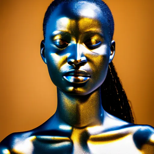 Image similar to portrait of metallic face, african woman, proud looking away, liquid metal, mercury, outdoor, blue sky, nature, 8 k, realistic, depth of field, highly detailed, award winning photography,