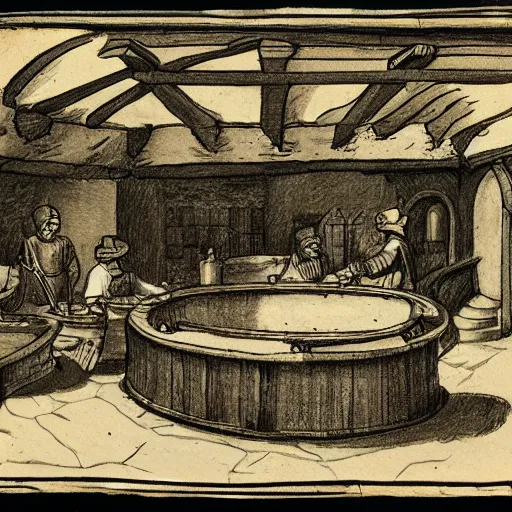 Image similar to Sketch of a medieval tavern with one floor, a counter, four round tables and a fireplace