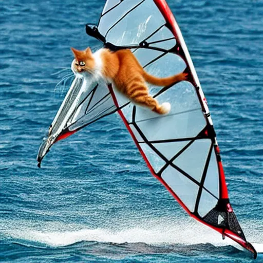 Image similar to A ragdoll cat windsurfing, cool, impressive, skilled