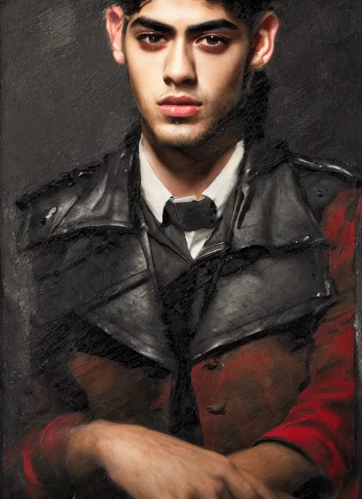 Image similar to head and shoulders portrait painting of young man who looks like zayn malik as an elf by jeremy mann, wearing leather napoleonic military style jacket, only one head single portrait, pointy ears, black background, soft top lighting, dark and moody, shadowed, contrast