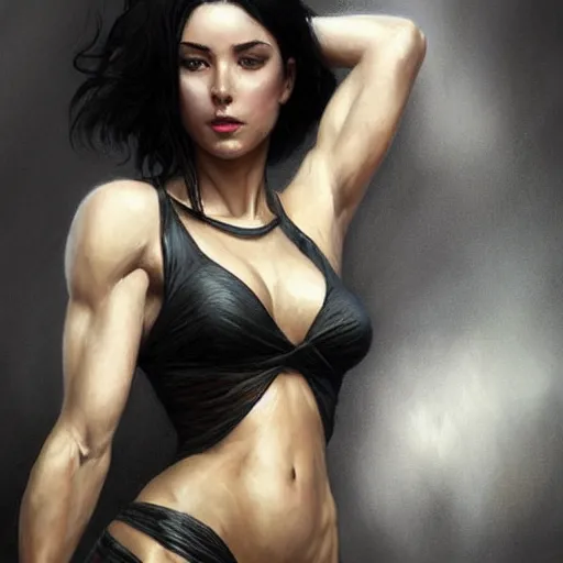 Prompt: a black haired woman in a black tank top, muscular upper body, abs, D&D, fantasy, intricate, elegant, highly detailed, digital painting, artstation, concept art, smooth, sharp focus, illustration, art by artgerm and greg rutkowski and alphonse mucha