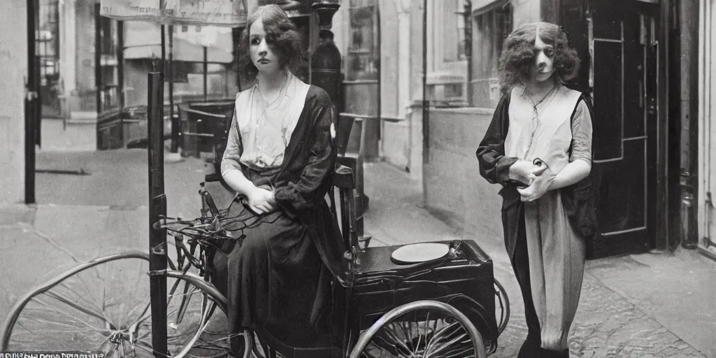 Image similar to a young red haired woman with freckles looks deeply into the camera, 1920's london street, 100, 50mm, art nouveau, f4.0, style of Joel Meyerowitz