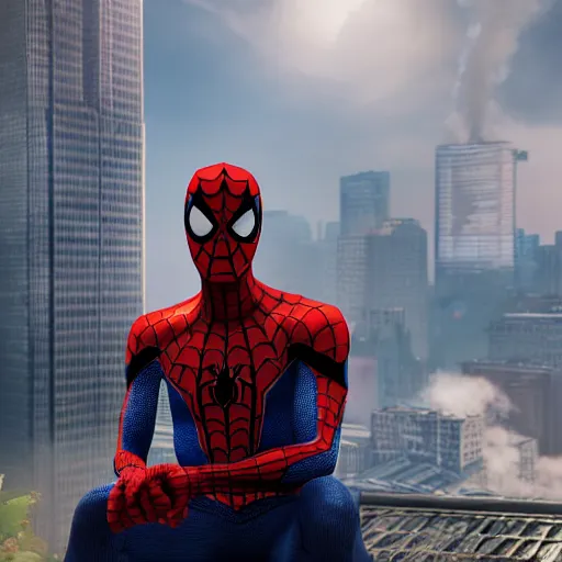 Image similar to a real photography of spiderman smoking a marihuana cigarette, highly detailed picture, marvel movies style, cryengine, playstion 5 screen, cinematic, unreal engine